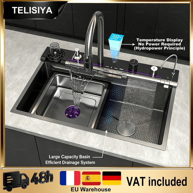 TELISIYA Edelstahl-Küchenspüle in Silber mit großem Einzelbecken, digitaler Anzeige und Wasserfall-Wasserhahn für Warm- und Kaltwasser - Bild 1