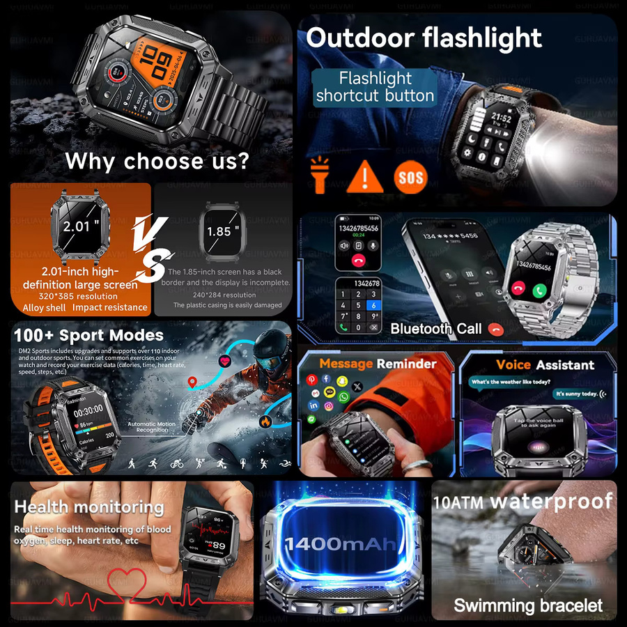 GUHUAVMI Militär Outdoor Smartwatch für Männer mit 2,01 Zoll HD AMOLED Display, Wasserdicht, Anruffunktion, Herzfrequenzmessung und Taschenlampe, 1400 mAh Akku - Bild 6