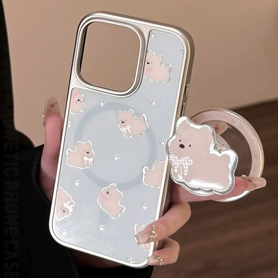 MUQGEW Magnetische iPhone Handyhülle mit Cartoon-Welpen-Design und silberner Randbeschichtung, stoßfeste Hartschale für iPhone 17, 16, 15, 14, 13, 12 Pro Max - Bild 2