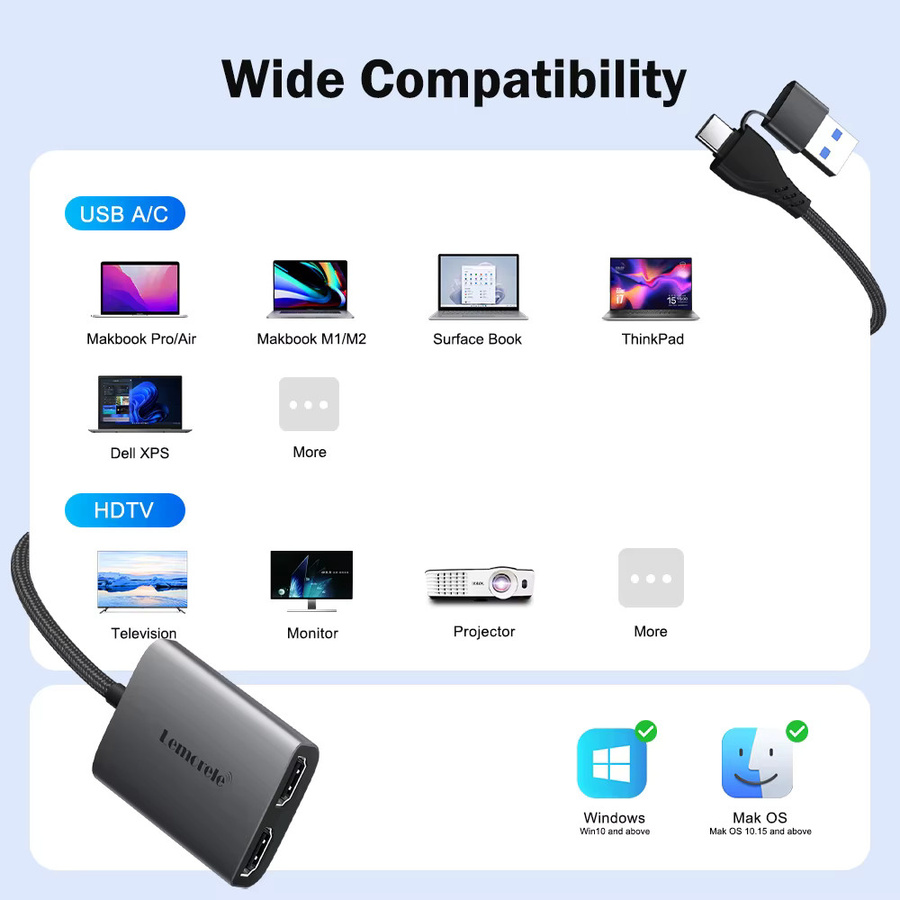 Lemorele Dual HDMI USB C Hub Adapter mit 4K UHD Auflösung für Macbook, Laptop und Projektor - Bild 2