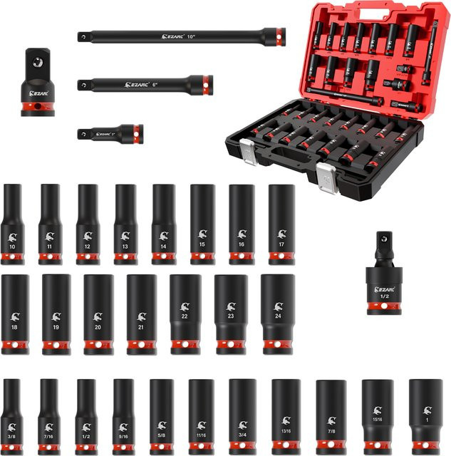 31-teiliger Schlagschraubersatz 1/2 Zoll in Schwarz mit SAE (3/8–1 Zoll) und metrischen (10–24 mm) tiefen Steckschlüsseln, Verlängerungen und Universalgelenk - Bild 1