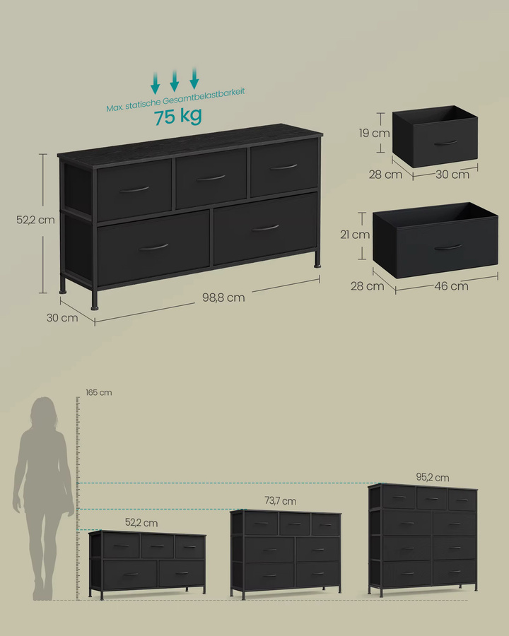 SONGMICS Kommode mit 5 Stoffschubladen in Schwarz für Schlafzimmer, Flur und Wohnzimmer - Bild 3