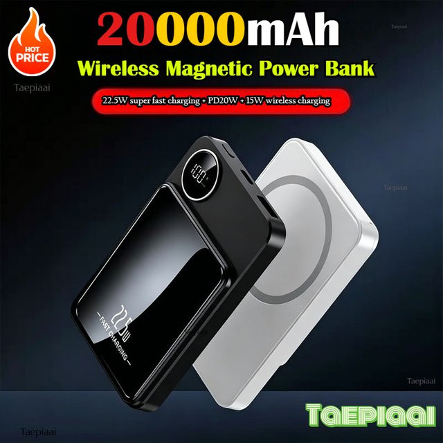 Taepiaai Magnetische Powerbank 20000mAh aus Legierung, Kabelloses Schnell-Ladegerät für iPhone 17 16 15 14 13, MagSafe kompatibler Backup-Akku in Schwarz oder Weiß - Bild 1