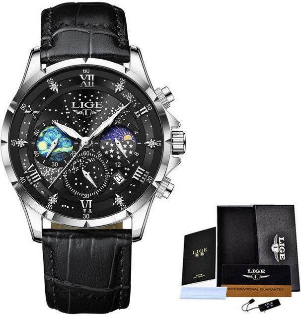 LIGE Armbanduhr, Quarz, Leder, Edelstahl, Schwarz, Silber, Herren - Bild 1