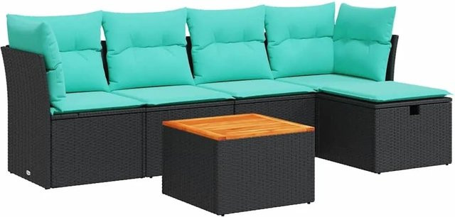 vidaXL 6-teilige Garten-Sofagarnitur in L-Form aus Poly-Rattan mit Kissen und Couchtisch in Schwarz - Bild 1