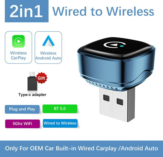 FLIXIVI 2-in-1 Wireless CarPlay und Android Auto Adapter USB Dongle Smart Mini Box in Blau für Toyota Nissan Honda Ford - Bild 1