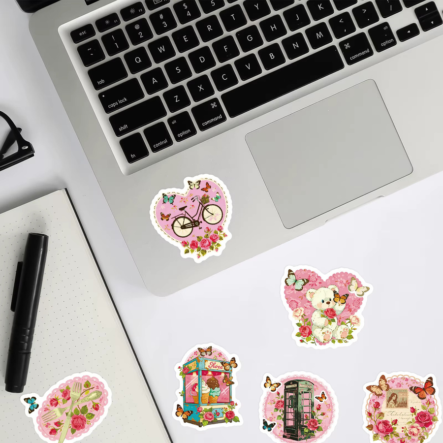 56 Stück Retro-romantische Aufkleber in Rosa mit niedlichen Cartoon-Bären und Blumen für Laptop, Gepäck und DIY-Projekte - Bild 2