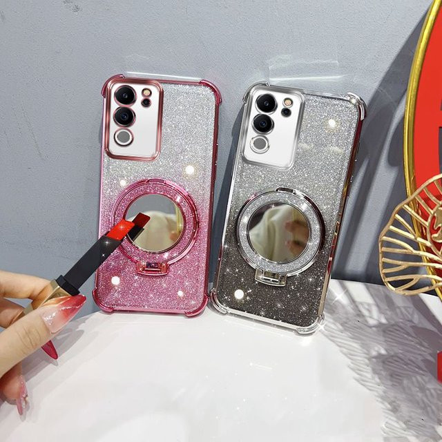 Stoßfeste Handyhülle für Vivo V29 Pro mit Glitzer-Design, Spiegelständer und Perlenband in Pink - Bild 1