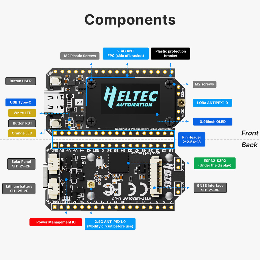 2 Stück Heltec V4 LoRa32 ESP32-S3 SX1262 LoRaWAN 868MHz Entwicklungsboard mit 0,96 Zoll OLED-Display, WiFi und BLE Mesh-Netzwerk in Schwarz - Bild 4