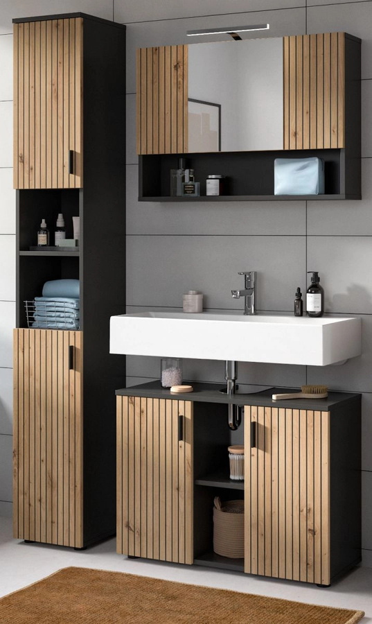 Inn.Furn Badmöbel Set Livia 3-teilig in Eiche und Grau mit Waschtischunterschrank, Spiegelschrank und Hochschrank, Breite: 125 cm - Bild 1