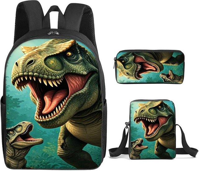 BAOERYE 3er Set Schultaschen mit Rucksack, Umhängetasche und Federmäppchen im Vulkan Dinosaurier Print, Schwarz/Mehrfarbig - Bild 1