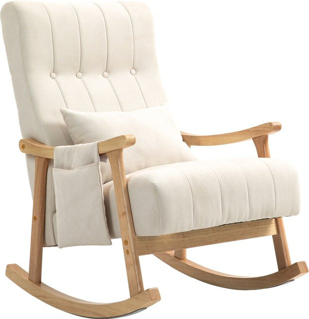 HOMCOM Schaukelstuhl mit Holzrahmen aus Buche und Lendenkissen in Beige mit Seitentasche und Leinenoptik - Bild 1