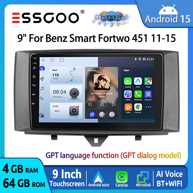 ESSGOO Android 15 Autoradio mit 9 Zoll Touchscreen für Smart Fortwo 451 (2011-2015), GPS Navigation, Wireless CarPlay, Android Auto, WIFI, Bluetooth, FM RDS, Lenkradsteuerung und KI-Sprachsteuerung, Schwarz - Bild 1