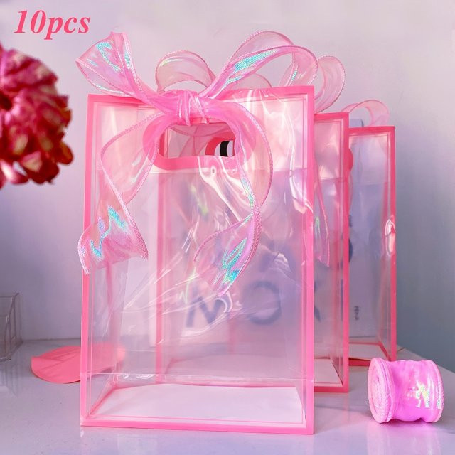 Durchsichtige Kunststoff-Geschenktüten mit Griffen und rosa Besatz sowie rosa Band, wiederverwendbare Geschenk-Blumentaschen für Hochzeiten in Rosa und Transparent - Bild 1