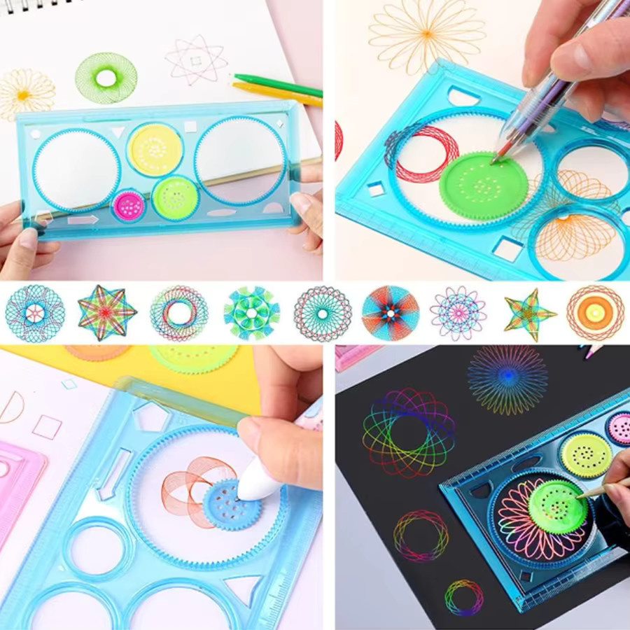 XJM Spirographie-Set mit 2/4-teiligem Mandala-Lineal und 6 farbigen Stiften für geometrische Muster, Grün/Mehrfarbig - Bild 3