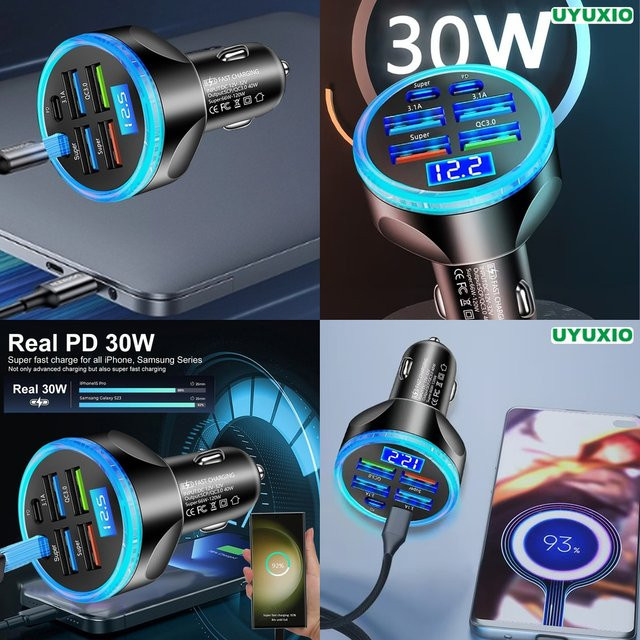 UYUXIO USB-C Ladegerät mit 6 Anschlüssen und LED-Digitalanzeige, 30W PD Schnellladegerät für iPhone, Farbe: Schwarz - Bild 1