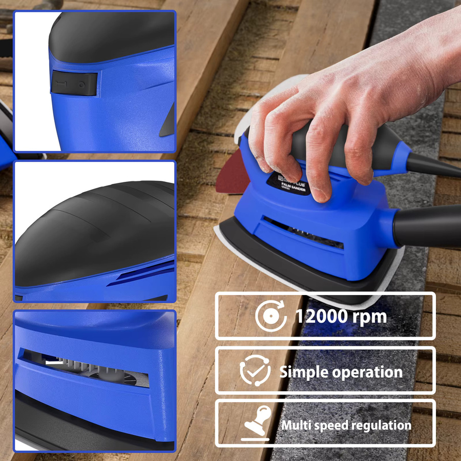 DayPlus Elektrischer Detail-Schleifer in Blau, 130W Exzenterschleifer mit 12000 U/min für Möbelveredelung, Farbentfernung und Holzpolitur - Bild 3