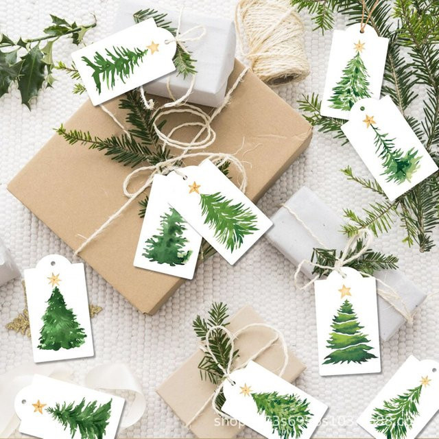 60 Stück Weihnachtsbaum-Ornament-Tags aus weißem Papier mit Aquarell-Kiefernbaum-Motiv und Hanfschnur zur DIY-Dekoration und als Geschenkanhänger - Bild 1