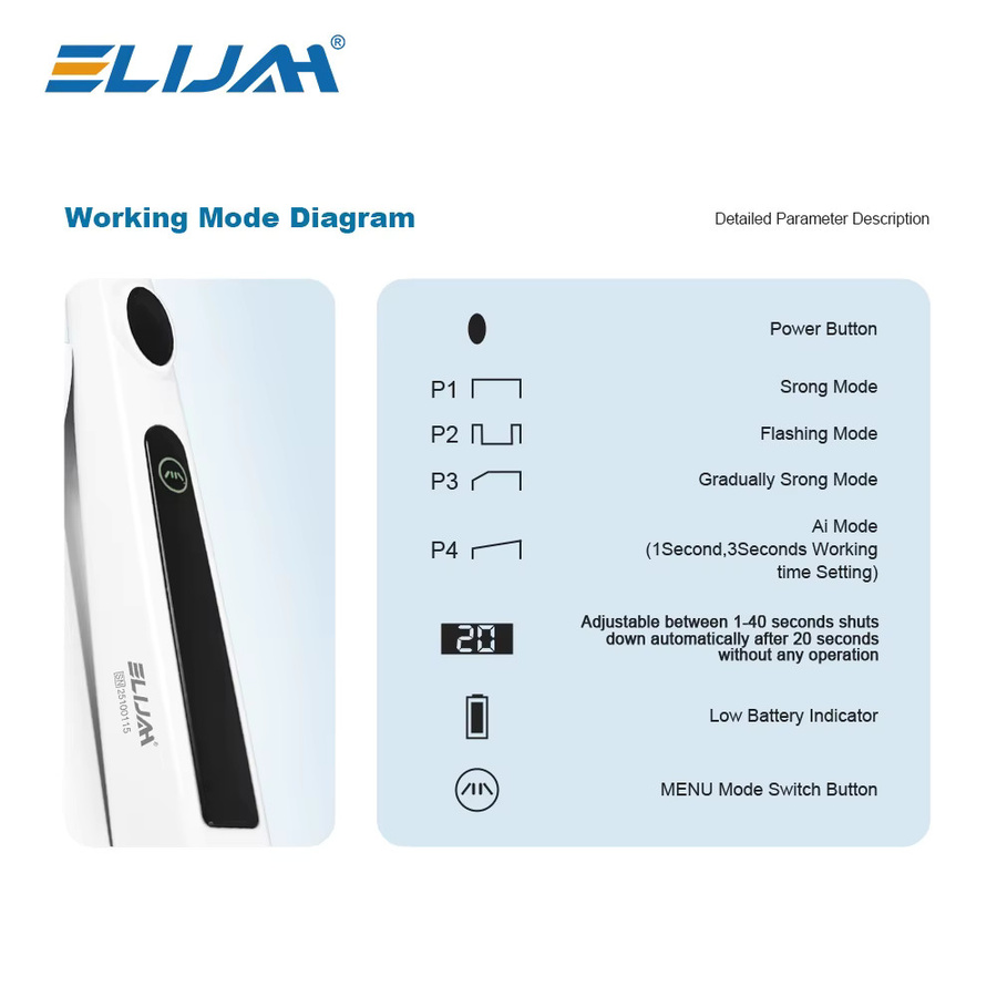 ELIJAH 1S Dental LED-Polymerisationslampe in Weiß mit 800-2400mw/cm², 4 Arbeitsmodi und 360° rotierendem Metallkopf für die Zahnarztpraxis - Bild 3