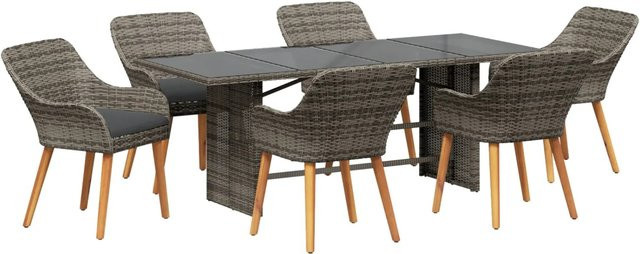 vidaXL 7-teilige Garten Essgruppe aus Polyrattan und Glas in Grau - Bild 1