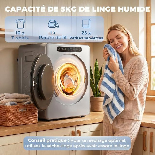 Silberner Abluft-Wäschetrockner mit 1000 W Leistung, 3 kg Fassungsvermögen, 6 automatische Trocknungsprogramme, Edelstahl-Trommel und Anti-Falten-Funktion, B/T/H: 49 x 43 x 61 cm - Bild 1