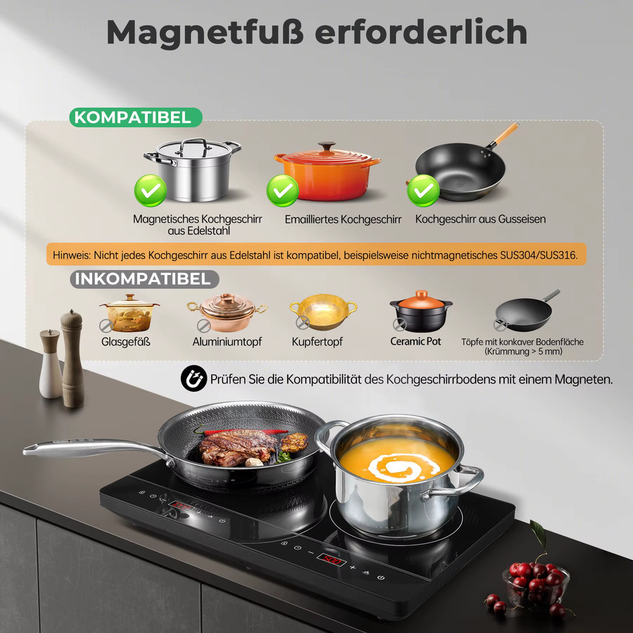 KICHPOWER Induktionskochfeld mit 2 Platten, 3500W, Schwarz, Glasoberfläche, Touch-Steuerung mit 10 Stufen, Timer und Kindersicherung, tragbar für Camping-Küche - Bild 6