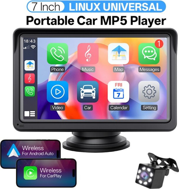 Hippcron 7-Zoll Multimedia-Autoradio mit kabellosem Carplay und Android Auto, Videoplayer mit Touchscreen in Schwarz - Bild 1