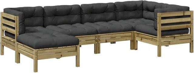 vidaXL 6-tlg Garten-Sofagarnitur aus imprägniertem Kiefernholz in L-Form mit Polsterkissen und Ottoman in Anthrazit/Grau - Bild 1