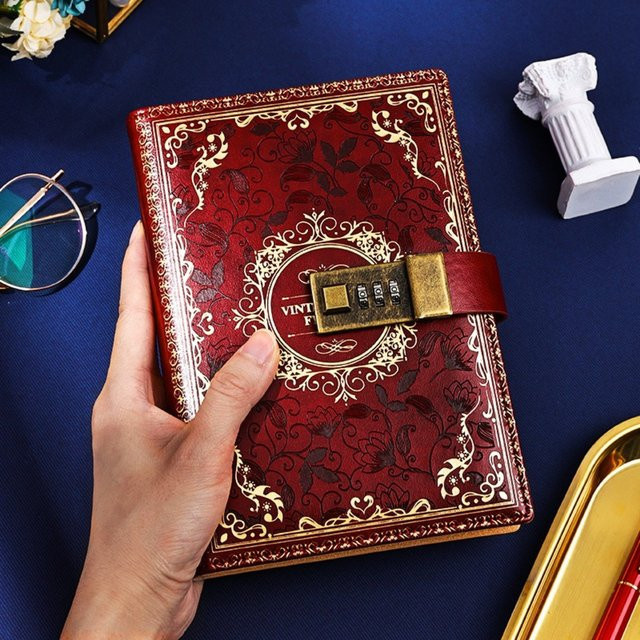 Vintage-Tagebuch mit Schloss im antiken Stil, blaues florales Notizbuch im B6-Format aus Papier - Bild 1