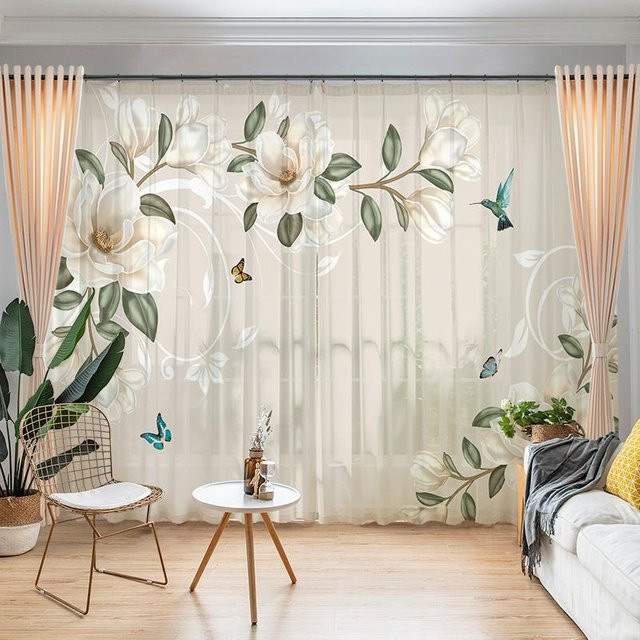 Yiran Furniture Voile-Vorhang mit Sonnenblumen- und Pflanzenmuster in Grün, Breite: 100 cm, Höhe: 250 cm - Bild 1