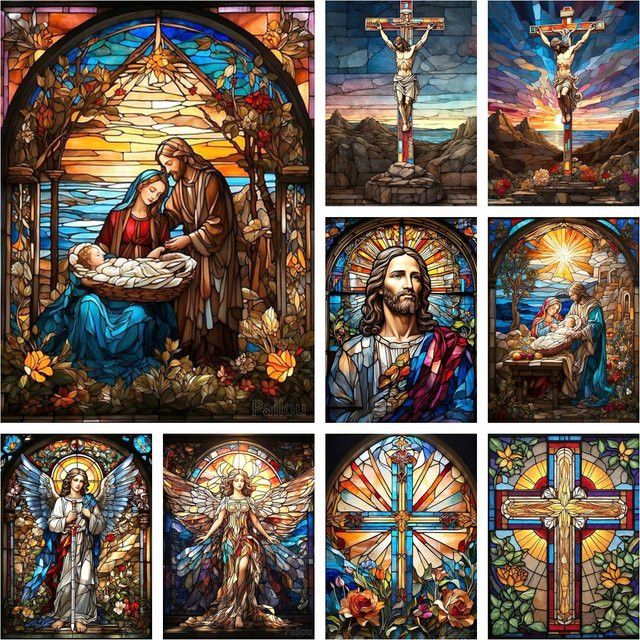 DIY 5D Diamantgemälde Jesus Christus und Jungfrau Maria im Buntglas-Stil, rundes Mosaik-Set in Multicolor von Potdemiel - Bild 1