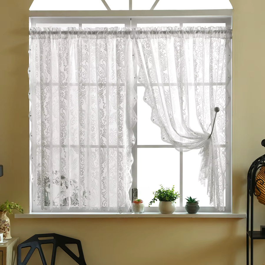 ELKCA Spitzenvorhang Weiß mit Blumenstickerei und Stangentasche, kurzer Gaze-Vorhang für Wohnzimmer oder Küchenschrank, Breite: 80 cm, Höhe: 140 cm - Bild 1