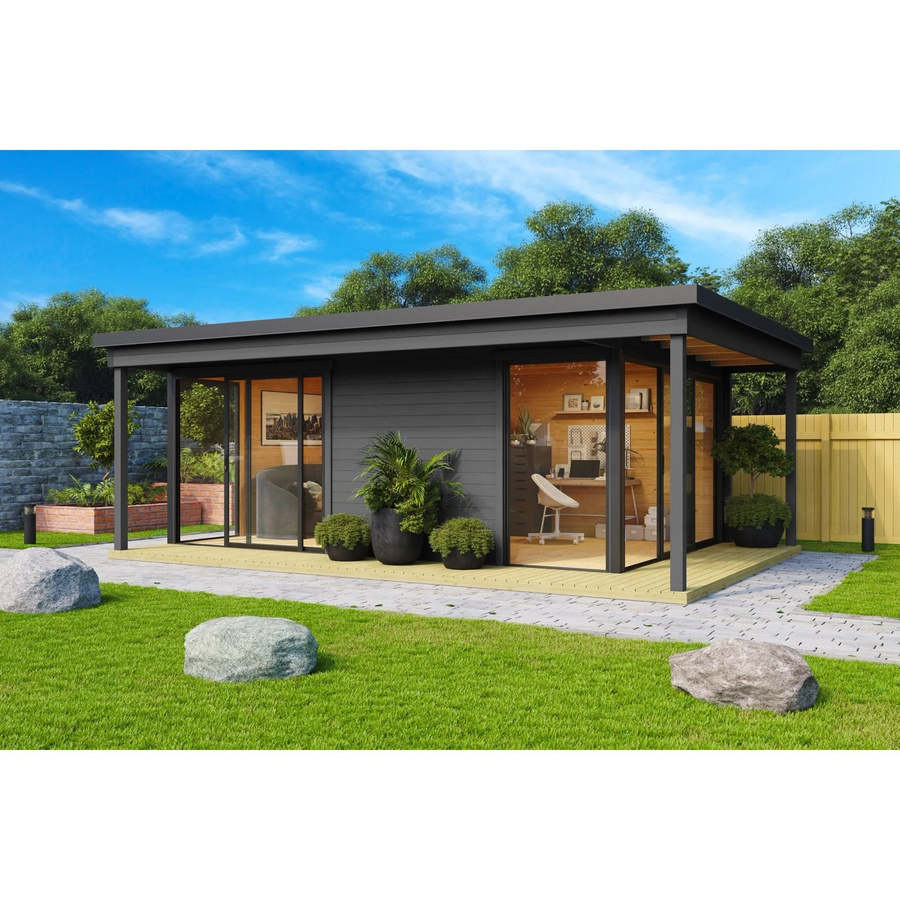 Lasita Holz-Gartenhaus Domeo 3 mit Loggia und Flachdach in Carbongrau, B/T/H: 508.8 x 321.9 x 239.4 cm - Bild 2