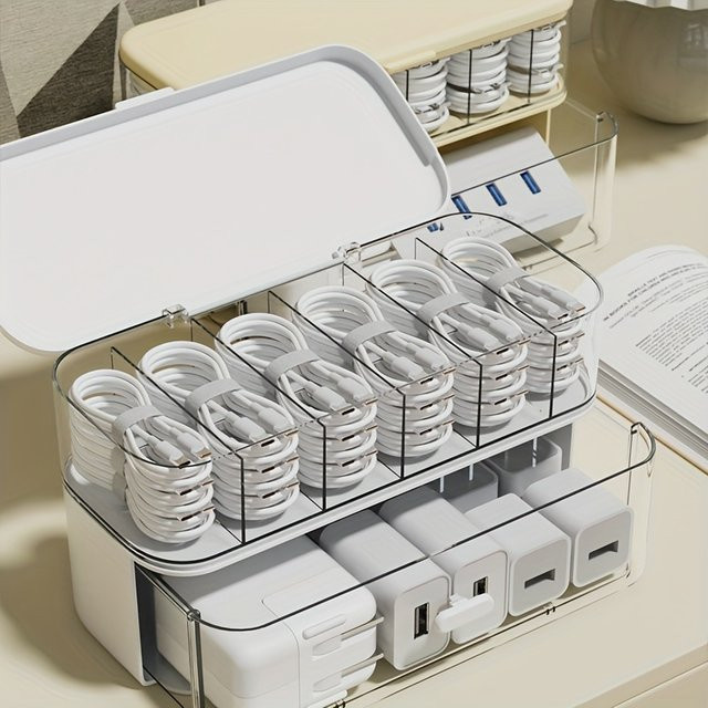 Transparente Desktop-Kabel-Organizer-Box mit Deckel und Mehrfachfächern in Weiß, Kunststoff, B/T/H: 23,0 x 13,0 x 0 cm - Bild 1