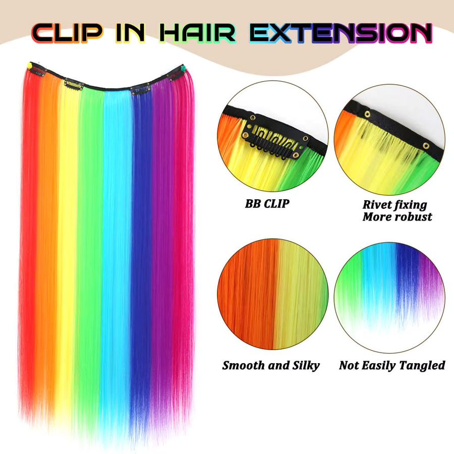 Refeeny Clip-in-Haarverlängerungen, synthetisch, Regenbogen, 22" - Bild 2