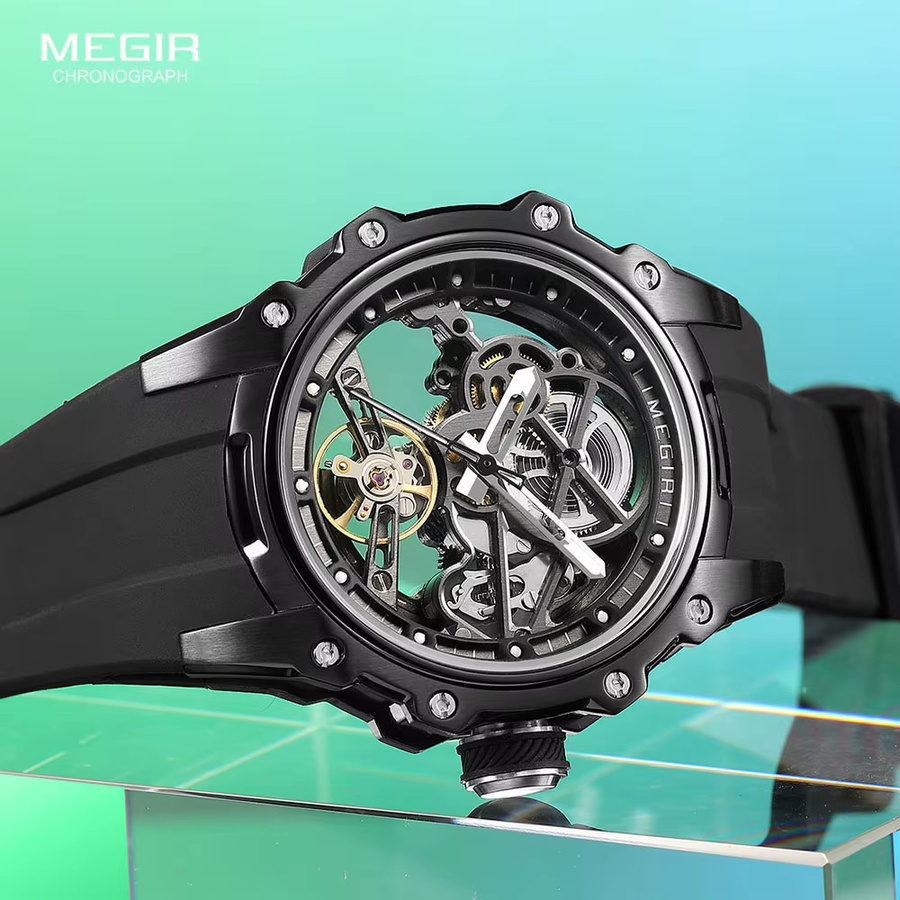 MEGIR Armbanduhr Automatik, Silikonarmband, Herren, Skelett-Zifferblatt - Bild 4