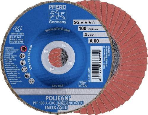 PFERD POLIFAN A-COOL 60 Fächerschleifscheibe für Edelstahl und Aluminium, Durchmesser: 100 mm, Bohrungs-Ø: 16 mm, Körnung: 60, Mehrfarbig - Bild 1