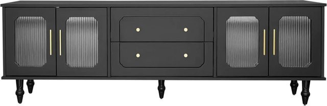PXloue Lowboard TV-Schrank im Retro-Design mit geriffelten Türen und Glas, Schwarz-Weiß, B/T/H: 177,0 x 38,0 x 55,5 cm - Bild 1