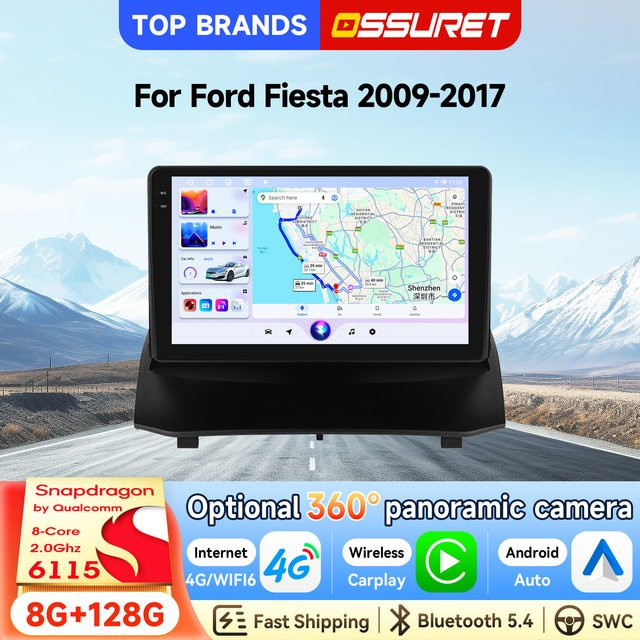 OSSURET 9 Zoll 2 Din Android 14 Autoradio für Ford Fiesta 2009 - 2017 mit Qualcomm Snapdragon 6115 Octa-Core, GPS-Navigation, Bluetooth und Wireless Carplay in Schwarz - Bild 1