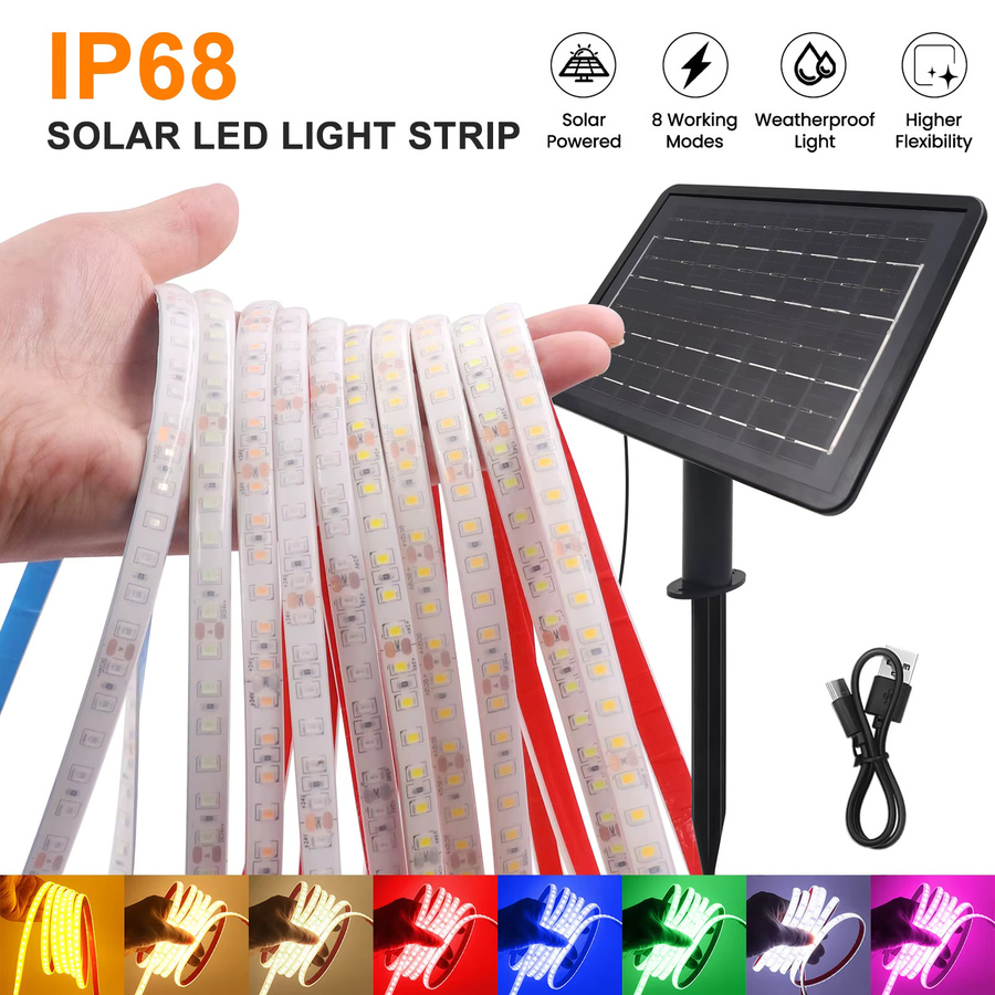 HEGEHE Solar-LED-Lichtleiste für den Außenbereich, 10 m, Warmweiß, IP68 wasserdicht, 120 LEDs/m, SMD 2835, selbstklebend - Bild 4