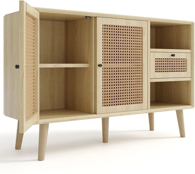 okwish Sideboard mit Rattan, 1 Schublade und 2 Türen, Eiche Natur/Beige, B/T/H: 120 x 80 x 40 cm - Bild 1