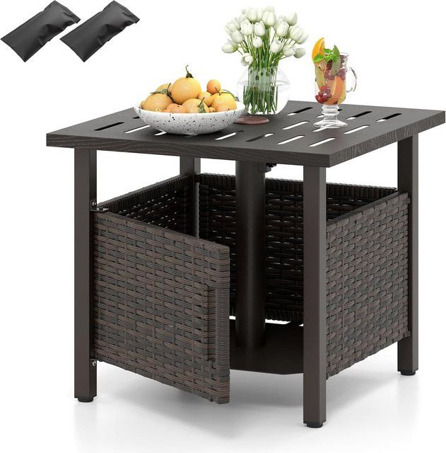 Wetterfester Beistelltisch aus Rattan in Braun mit Schirmloch für Garten und Balkon von GOFLAME - Bild 1