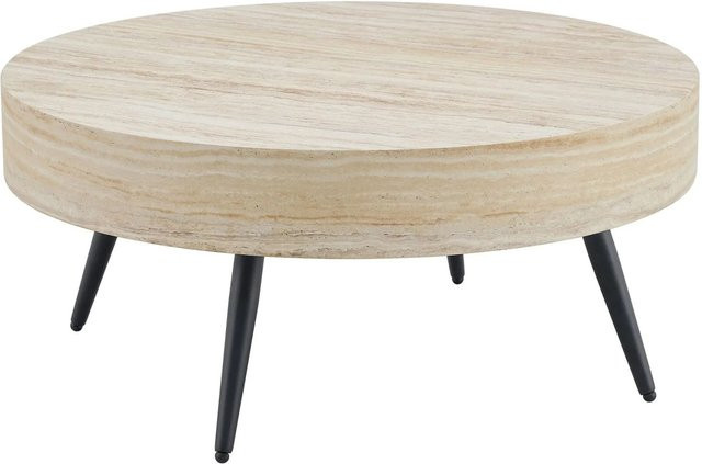 okwish Couchtisch in Rundform mit Metallbeinen und Travertin-Holzfolie, Farbe: Beige/Schwarz, B/T/H: 70 x 70 x 35,5 cm - Bild 1