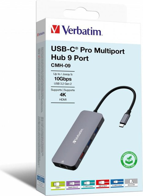 Verbatim USB-C Pro Multiport Hub CMH-09 Dockingstation in Silber mit 1 x HDMI 4K UHD, 2 x USB-C 3.2 Gen 2, 3 x USB 3.2 Gen 1 und 1 x Gigabit Ethernet - Bild 2