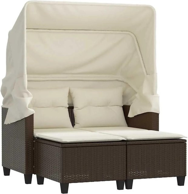 vidaXL Gartensofa 2-Sitzer mit Dach und Hockern aus braunem Poly-Rattan mit beigen Polstern und UV-beständigem Stoff - Bild 1