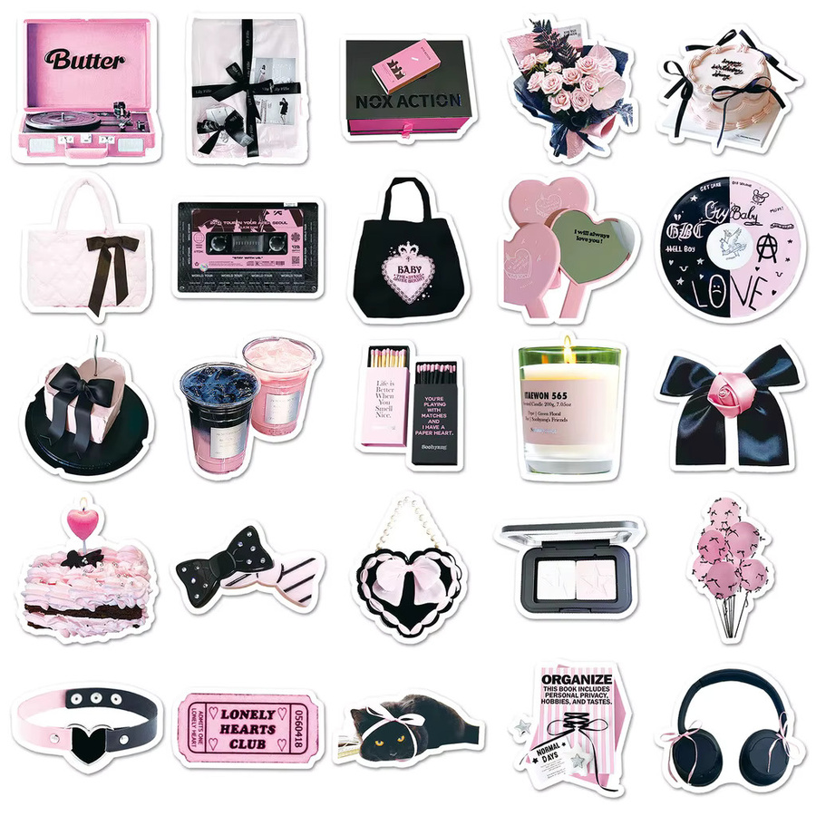 52 Stück Aufkleber im INS-Stil von AnimeWorlds Store in Schwarz und Rosa zur Dekoration von Notizbüchern und Gepäck - Bild 3