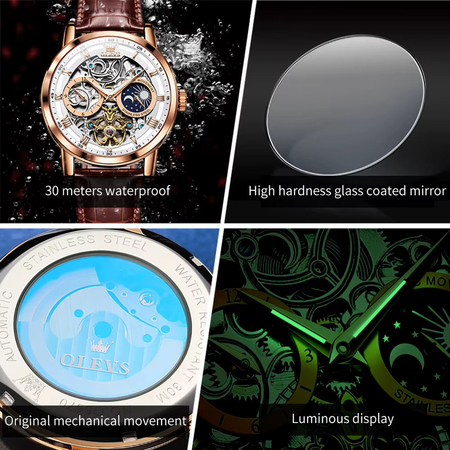 OLEVS Armbanduhr, Automatik, Skelett, Edelstahl, Leder, Herren - Bild 3