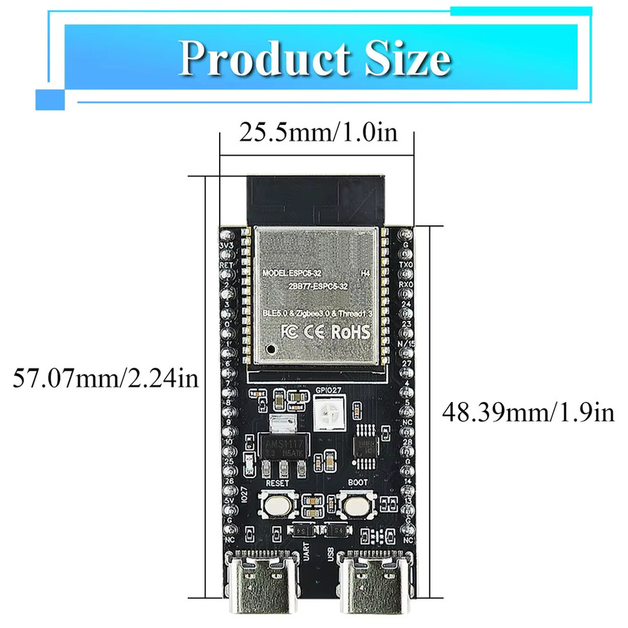 ESP32-C5-DevKitC-1 Entwicklungsboard mit Dual-Frequenz 2,4 GHz und 5 GHz WiFi 6, 4 MB Flash, USB-C Anschluss, Schwarz - Bild 3