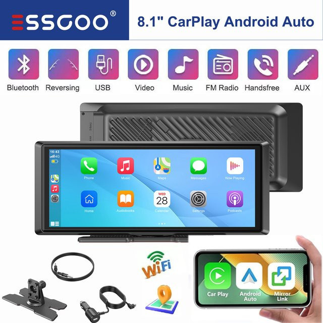 ESSGOO Universelles tragbares Auto-Stereo-Radio mit 8 Zoll HD IPS Touchscreen, GPS-Navigation, drahtlosem iOS CarPlay, Android Auto, WIFI Mirror Link und Bluetooth in Schwarz - Bild 1
