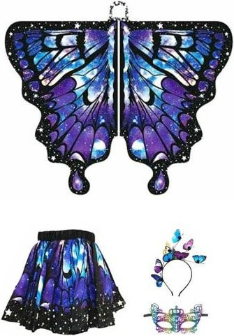Ailusha Schmetterlingsumhang Feenflügel-Kostüm, Bunt, 4-teiliges Set, Blau - Bild 1